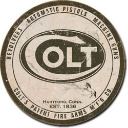 Metalowy okrągły szyld plakat reklamowy blacha tin sign USA Colt Fabryka Broni Pistoletów i Broni Maszynowej