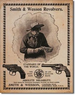 Metalowy szyld plakat reklamowy blacha tin sign USA Rewolwery Smith & Wesson światowe standardy Prezent