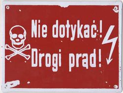 Metalowy szyld 20/15 cm. Nie dotykać drogi prąd 