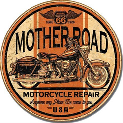 Metalowy okrągły szyld plakat reklamowy blacha tin sign USA Serwis motocyklowy na Route 66 Matce Dróg Prezent