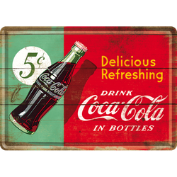 Coca-Cola w Butelkach Pyszne Orzeźwia. Metalowy mini szyld 15x10 cm stara reklama Coca-Cola