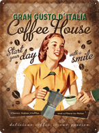 Metalowy plakat szyld blacha tin signs reklama Coffee House Gran Gusto d'Italia Rozpocznij dzień z uśmiechem Prezent