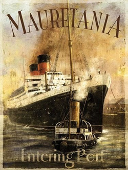 Metalowy plakat reklamowy blacha tin sign Parowiec Mauretania wprowadzany do portu . Prezent