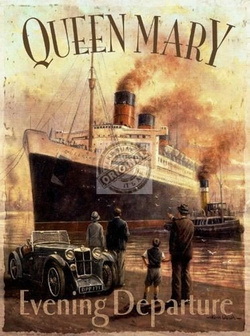 Jumbo Metalowy plakat reklamowy blacha tin sign Wieczorne odpłynięcie. Parowiec Queen Mary . Prezent