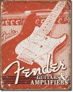 Metalowy szyld plakat reklamowy blacha tin sign USA Gitary i wzmacniacze Fender Prezent
